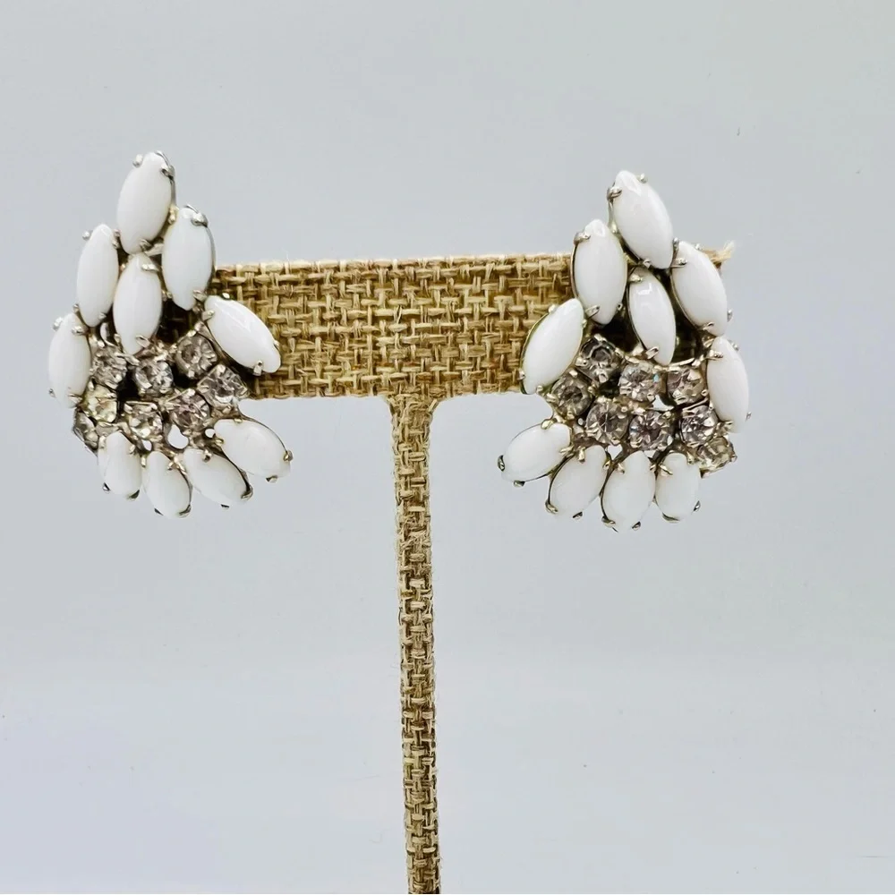 Vintage white glass rhinestone clip on earrings climbers milkglass